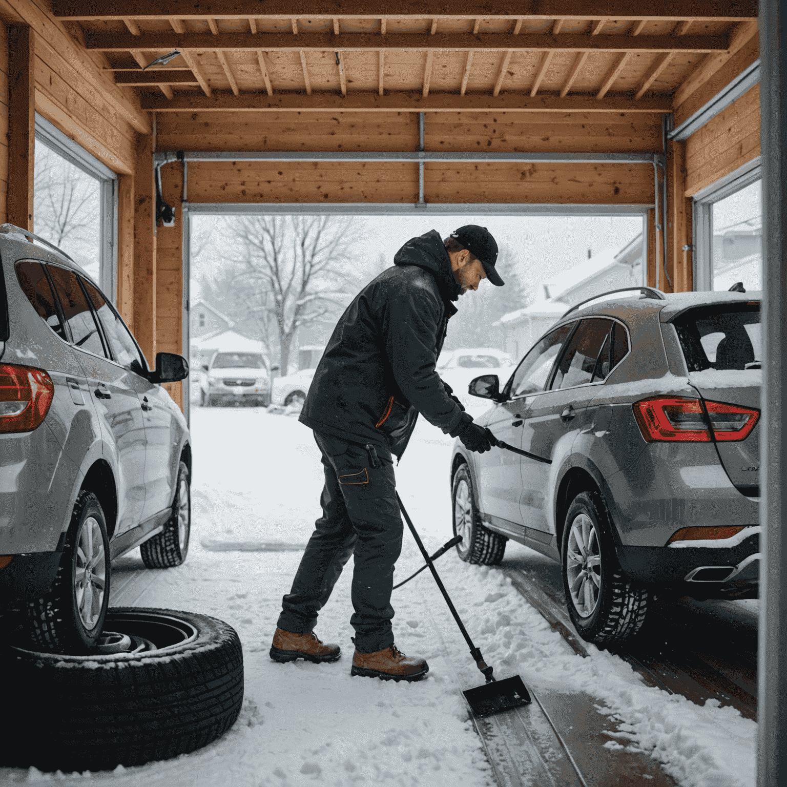 Een monteur die een auto winterklaar maakt, controleert de banden en vloeistoffen terwijl sneeuw zichtbaar is door de garagedeur