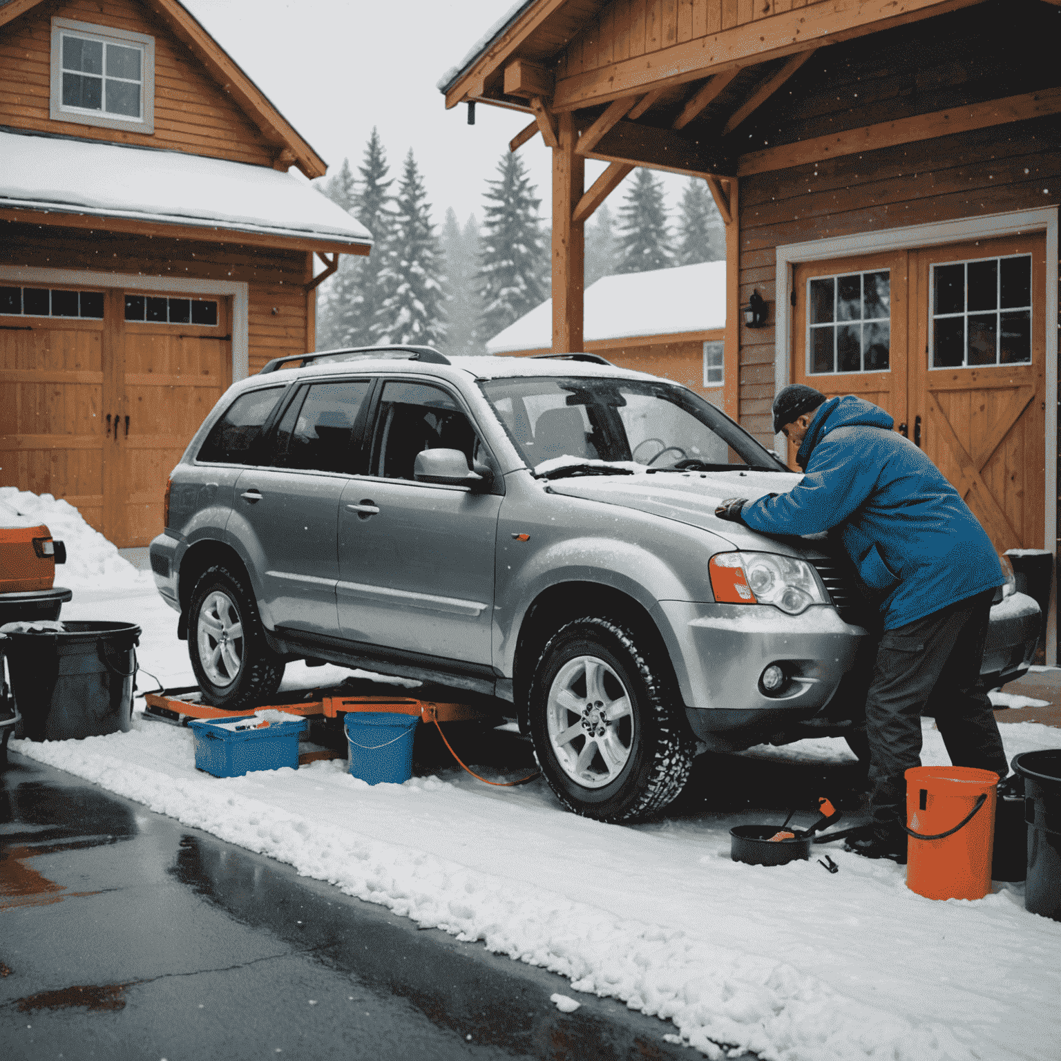 Een auto die wordt voorbereid voor de winter, met een monteur die winterbanden monteert terwijl sneeuw op de achtergrond valt. De garage is gevuld met winteronderhoudsmaterialen zoals antivries en ruitenwisservloeistof.