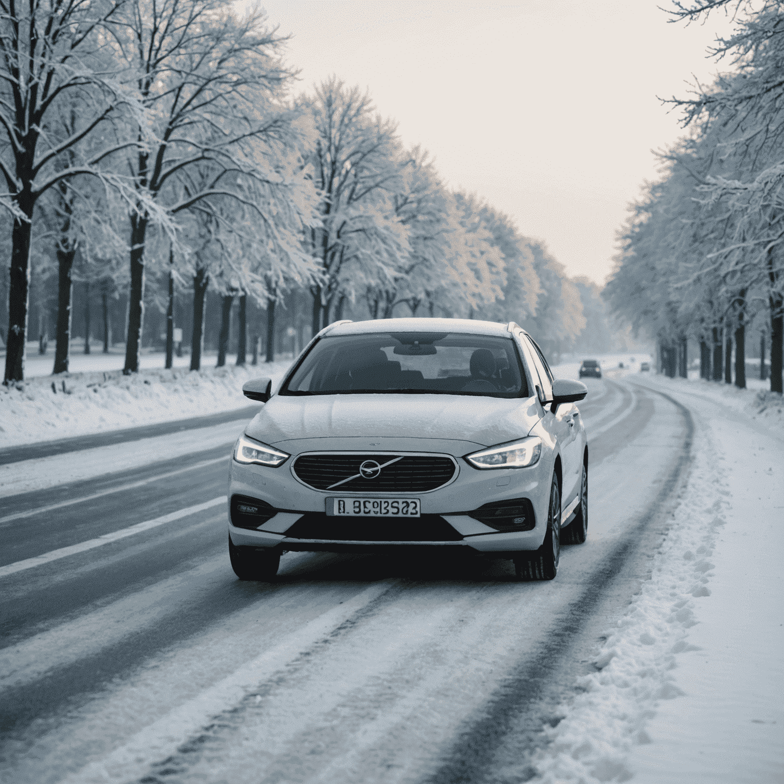 Een auto rijdend in winterse omstandigheden in Nederland, met sneeuw op de weg en ijsvorming op de voorruit