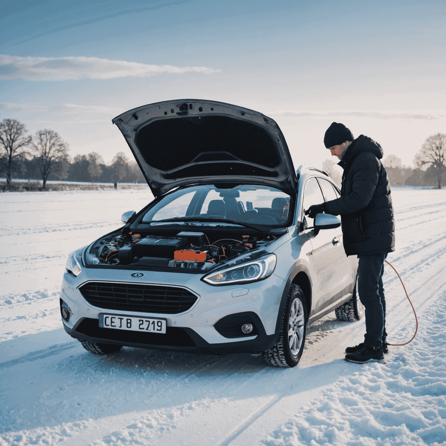 Een auto met geopende motorkap in een besneeuwde Nederlandse omgeving, waarbij een persoon de accu controleert met een multimeter. IJskristallen zijn zichtbaar op de auto en de adem van de persoon condenseert in de koude lucht.