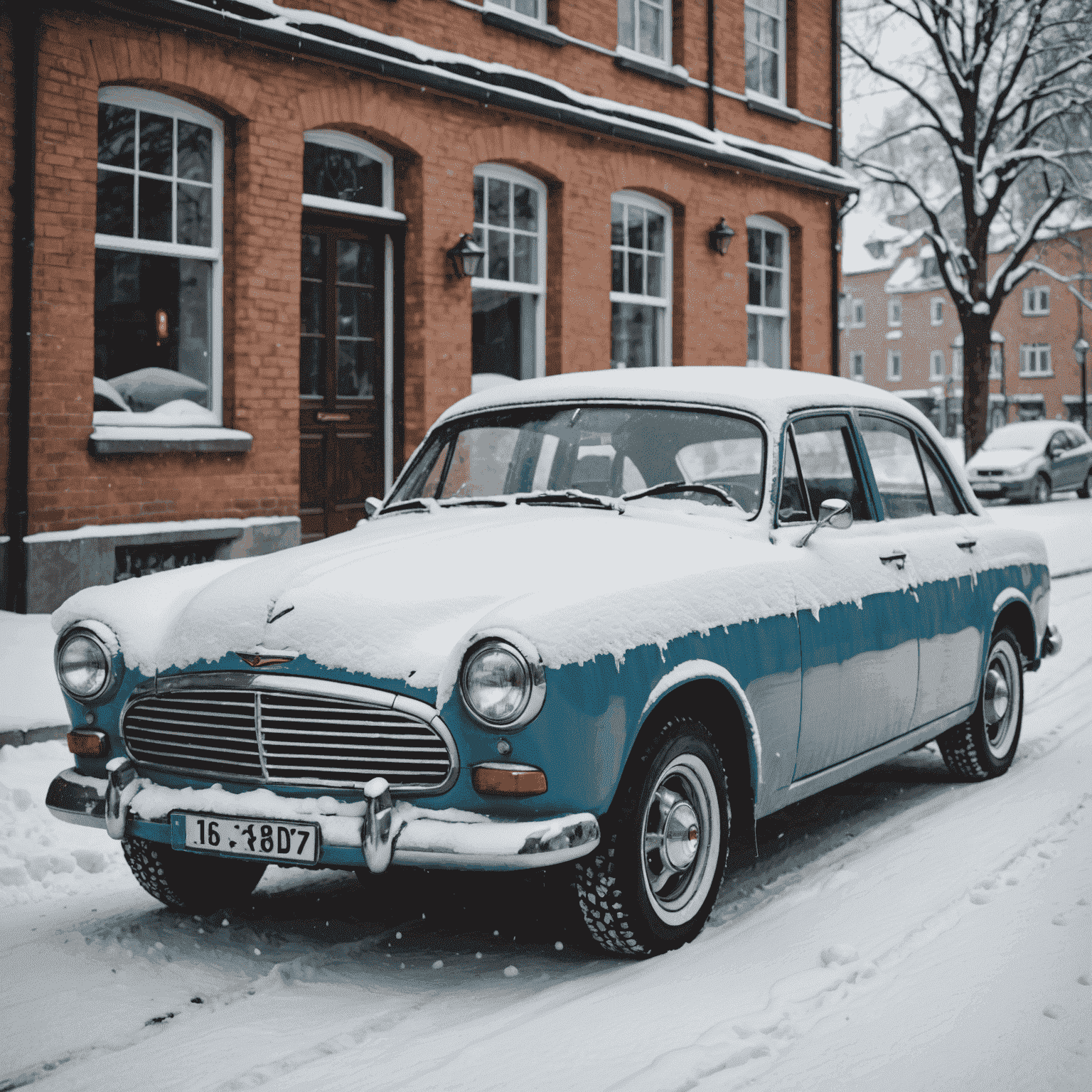 Een auto bedekt met sneeuw en ijs, met zichtbare beschermende winterbehandeling op de lak en ruiten