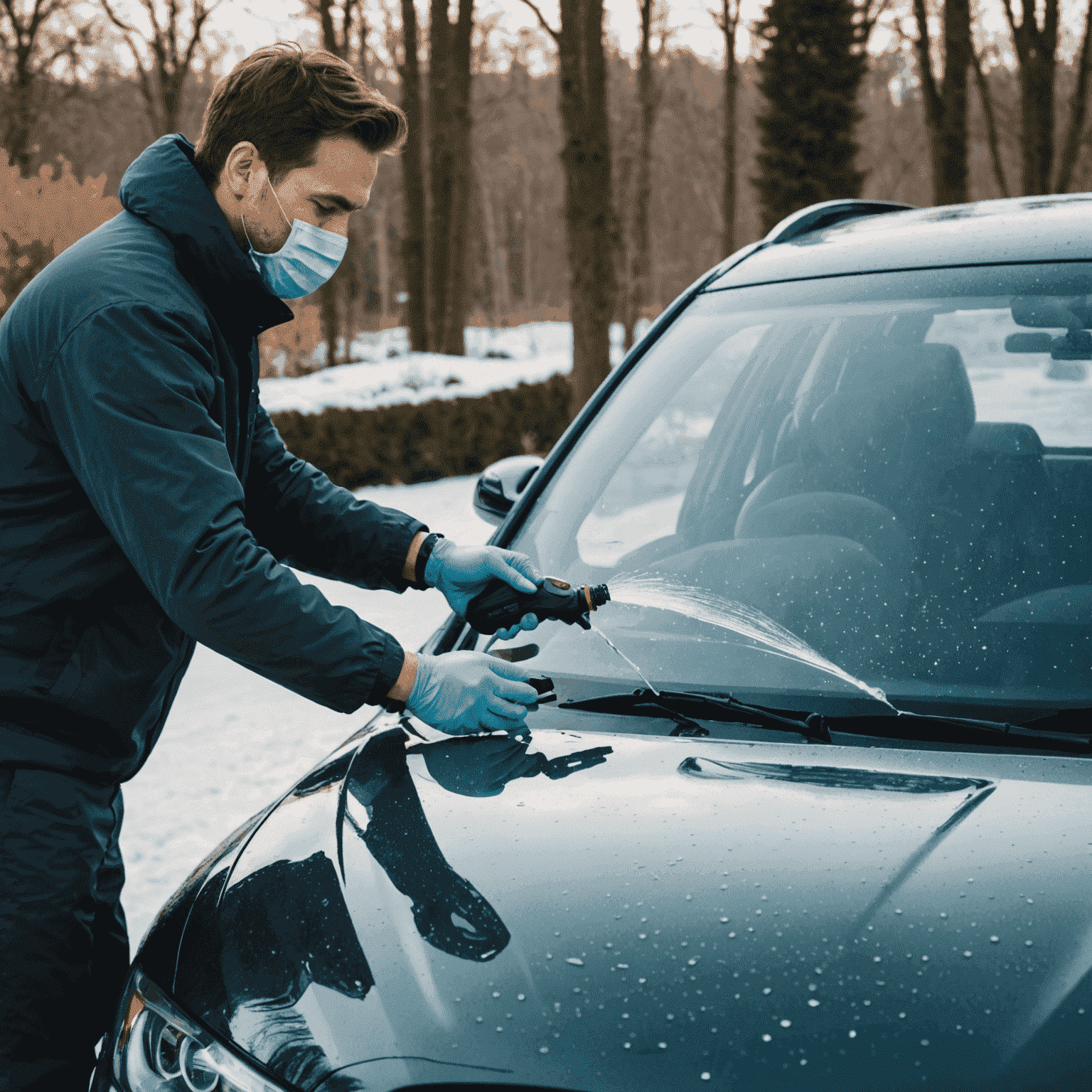 Een persoon die een waterafstotende coating aanbrengt op een autoruit voor winterbescherming