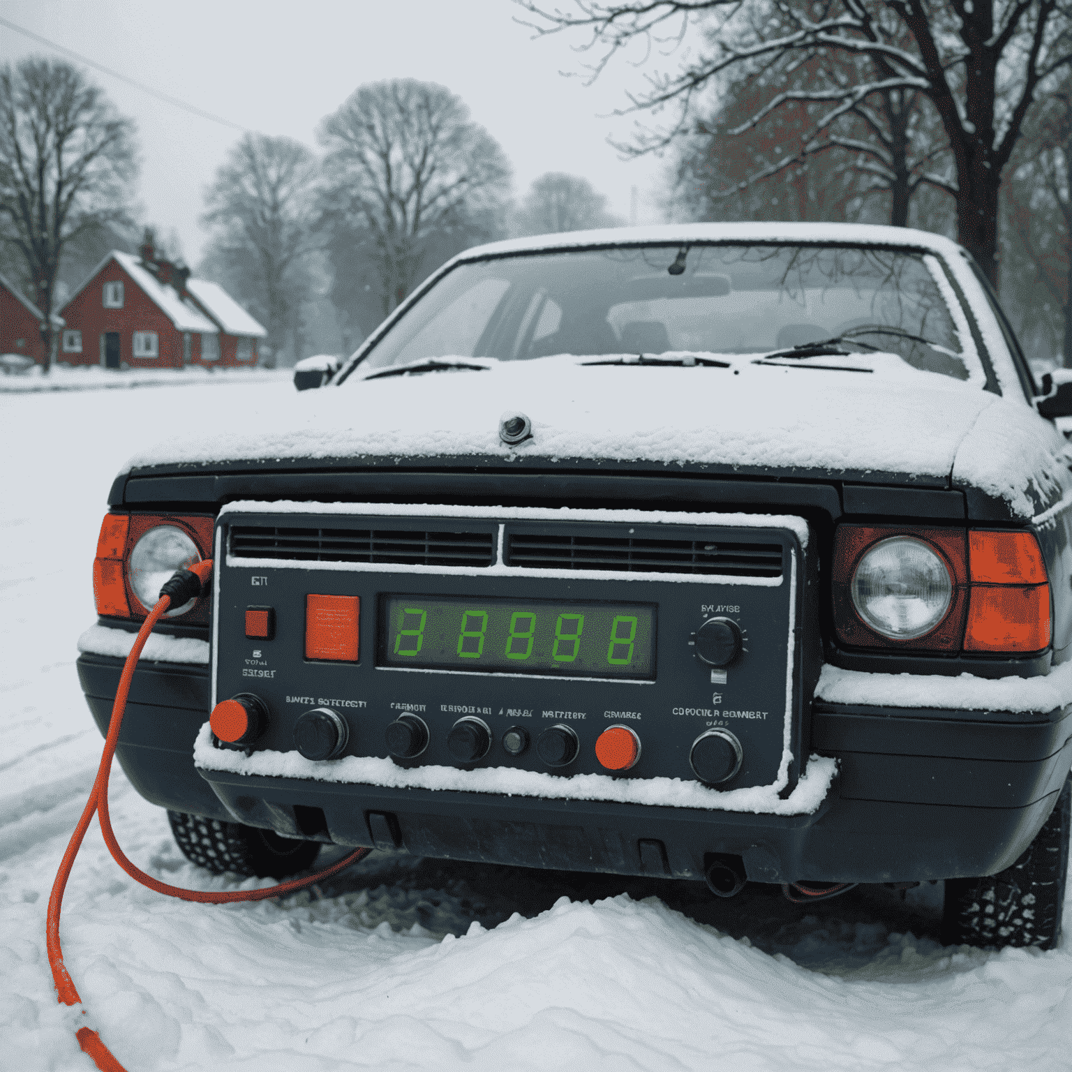 Een autoaccu met zichtbare aansluitingen en een voltmeter die de lading meet, in een koude omgeving met condensatie zichtbaar, typisch voor Nederlandse winteromstandigheden