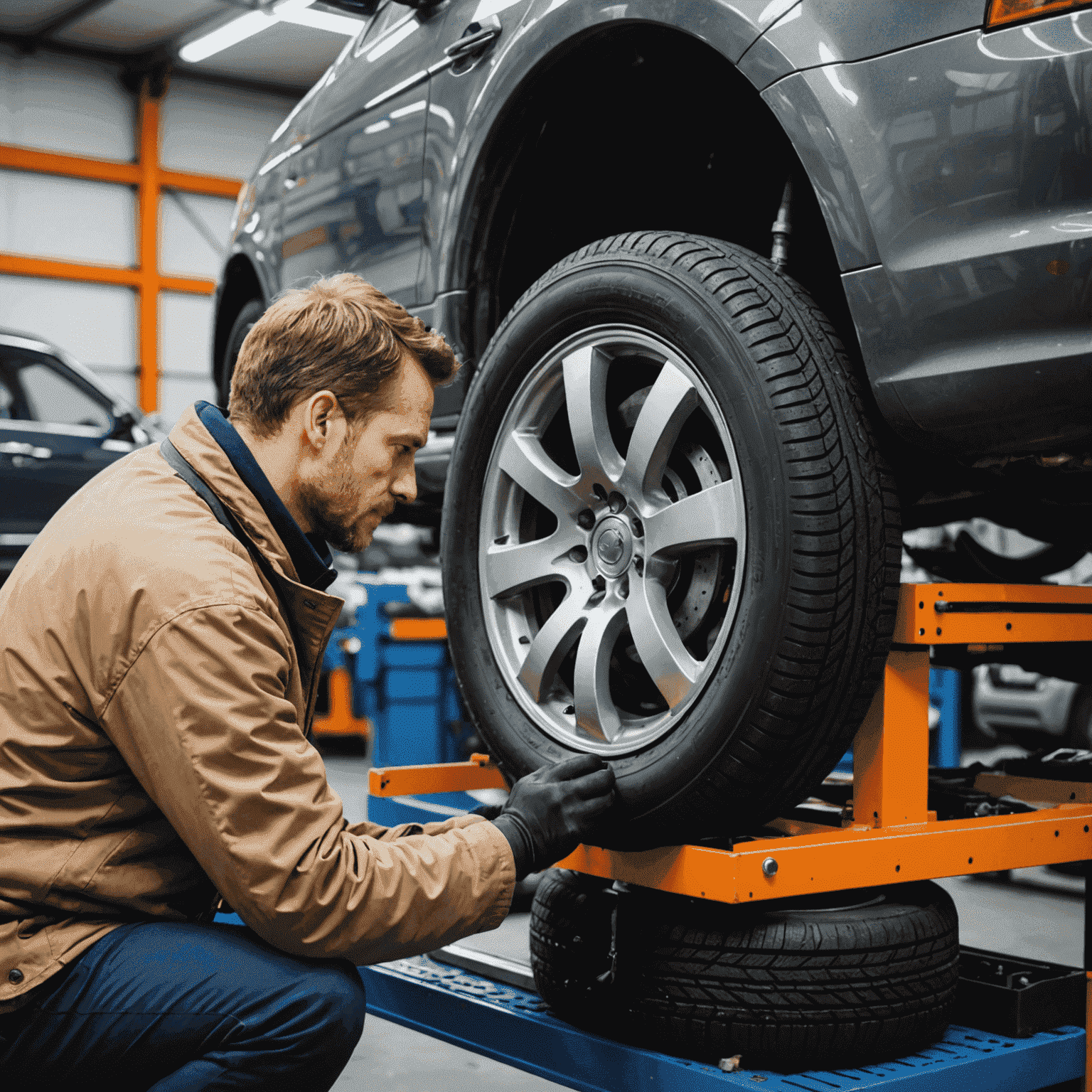 Een monteur in een Nederlandse garage die winterbanden monteert op een auto. De werkplaats toont verschillende sets winterbanden en professionele apparatuur voor het balanceren en monteren van banden.