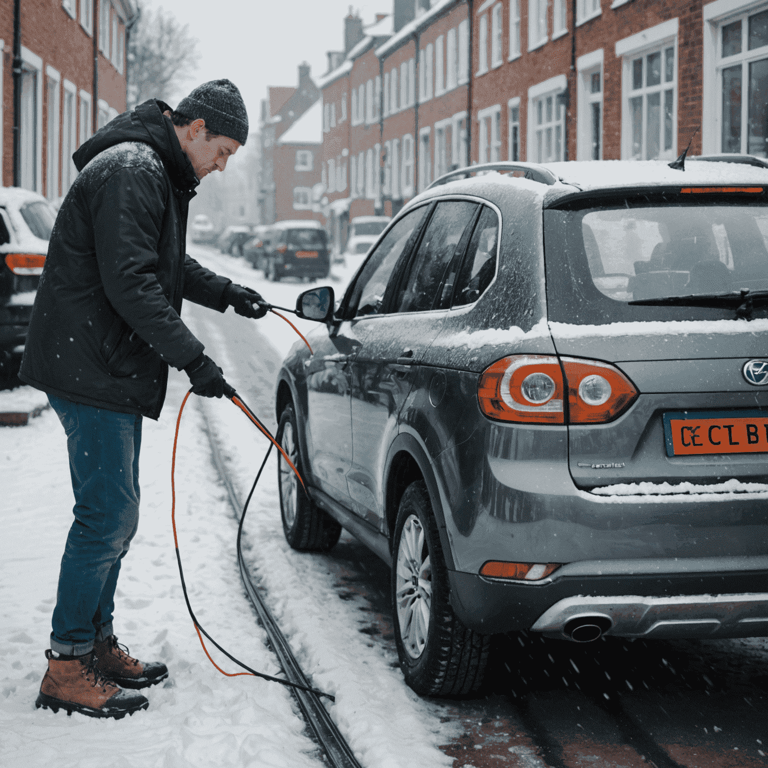 Een persoon die startkabels aansluit tussen twee auto's in een besneeuwde Nederlandse straat, met zichtbare condensatie van adem in de koude lucht en ijsvorming op de auto's.