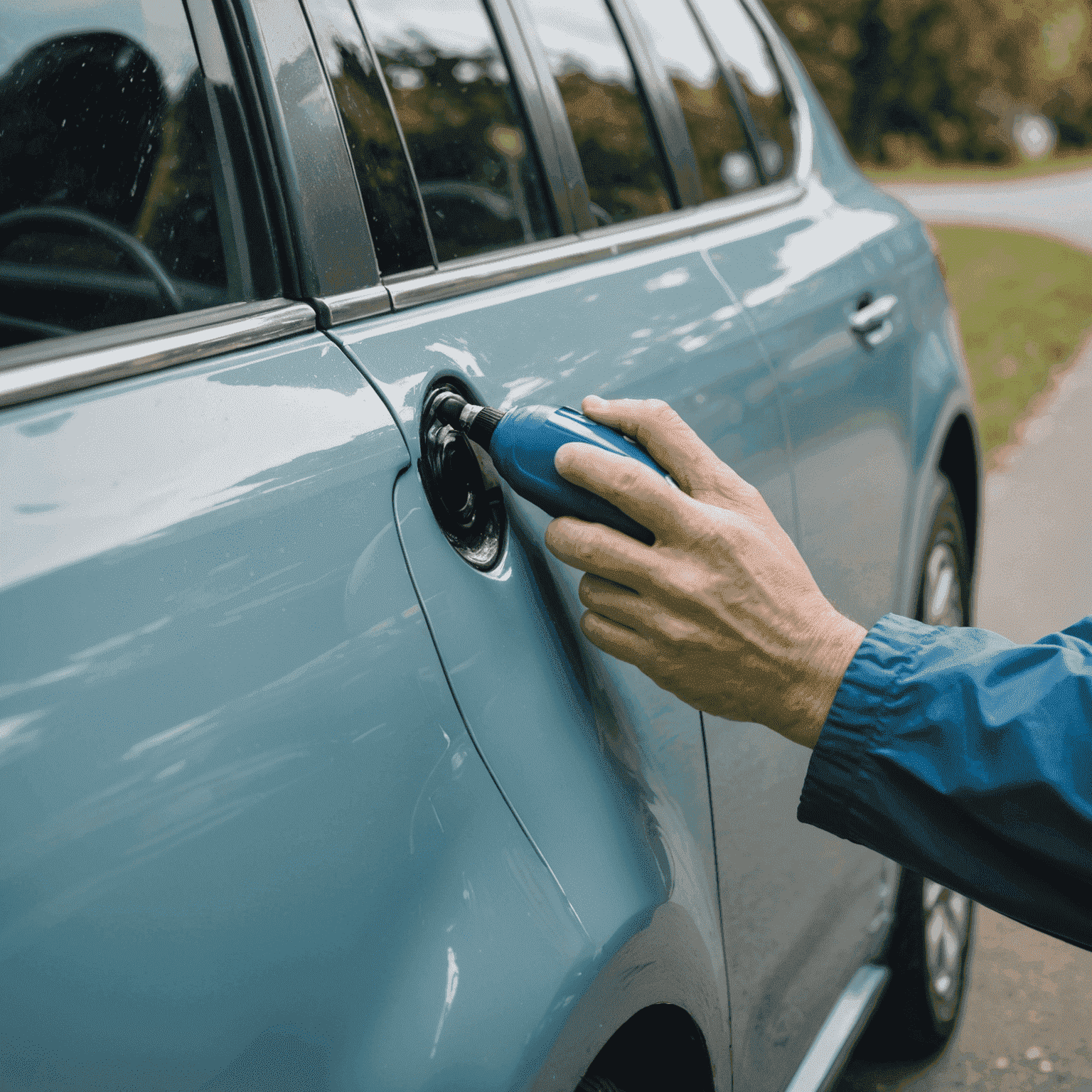 Close-up van een persoon die siliconenspray aanbrengt op de deurrubbers van een auto