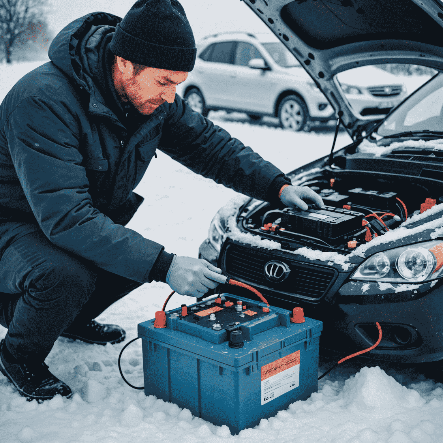 Een autoaccu in winterse omstandigheden met zichtbare aansluitingen en een persoon die de accu test met meetapparatuur, met ijskristallen zichtbaar op de achtergrond