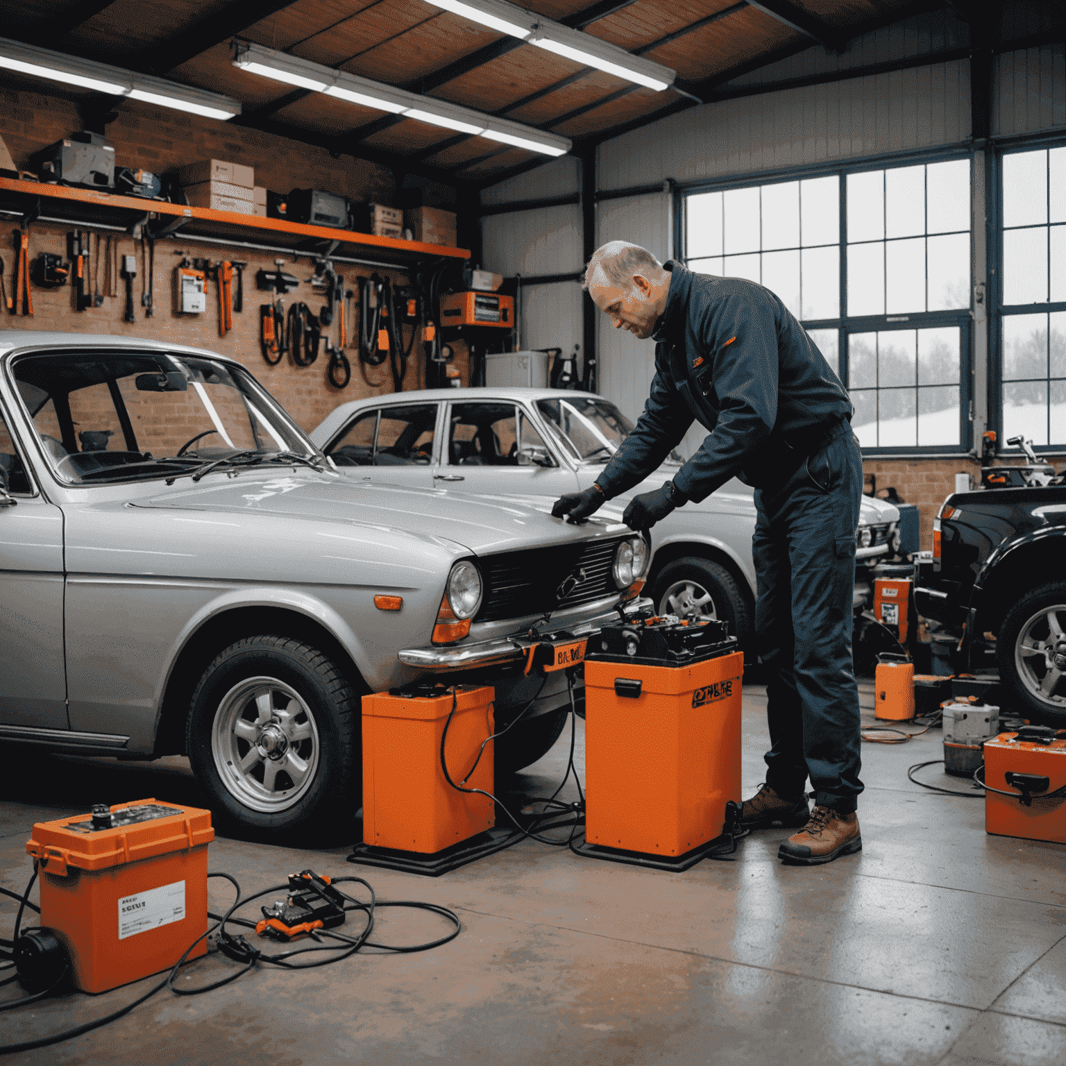 Controle van een autoaccu tijdens winteronderhoud in een Nederlandse garage