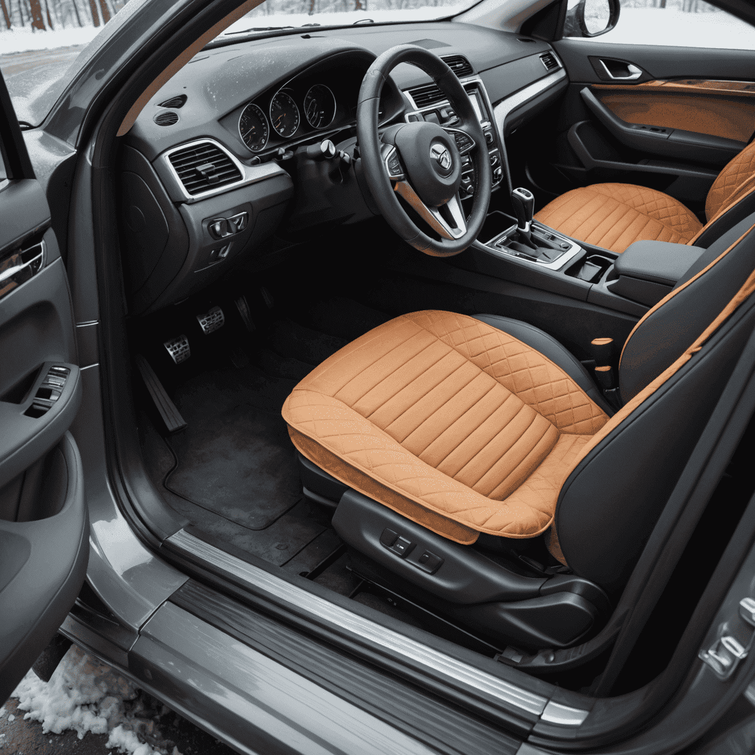 Auto-interieur met wintermatten en nooduitrusting voor Nederlandse winteromstandigheden