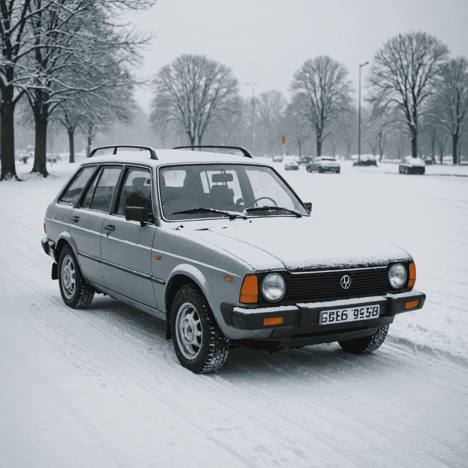 Een volledig winterklare auto op een besneeuwde Nederlandse weg, met goede winterbanden en alle nodige veiligheidsuitrusting